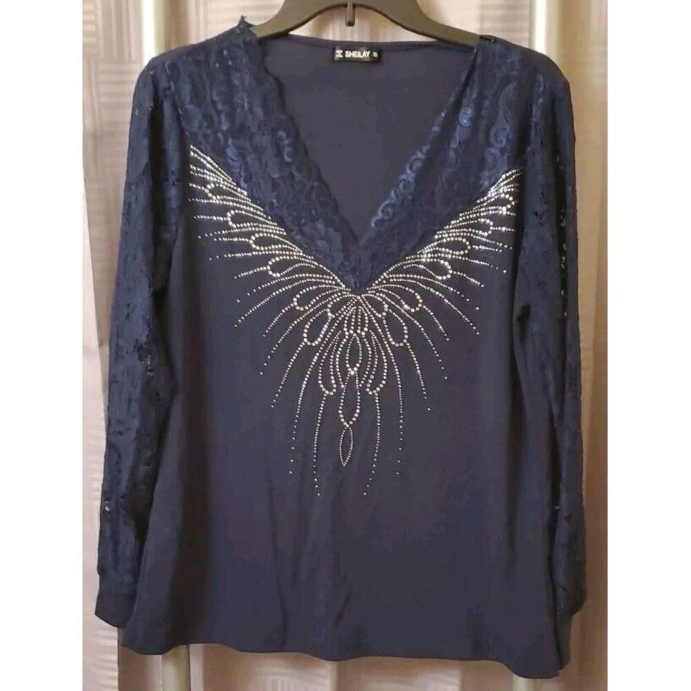 Sheilay‎ Women's Top Large Lace Long Sleeve Dark Navy Blue V-neck Embellished